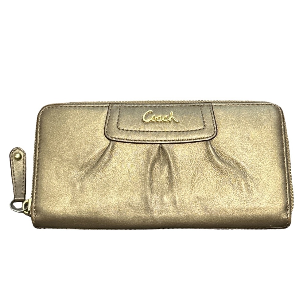 COACH women's large zip closure ashley bronze leather wallet with gold hardware.